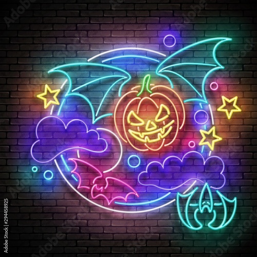 Glow Halloween Greeting Card with Flying Vampire Pumpkin on the Night Sky