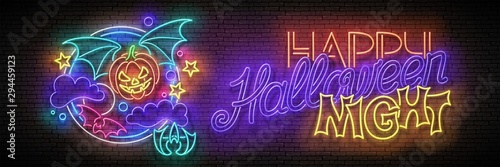 Glow Halloween Greeting Card with Vampire Pumpkin on the Night Sky and Inscription