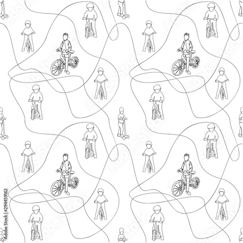 Pattern of children on different types of transport bike scooter and runbike made in line art. Vector graphics.