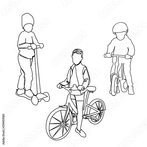 Set of three children on different types of transport bike scooter and runbike made in line art. Vector graphics.