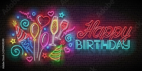 Glow Greeting Card with  Balloons, Champagne, Confetti and Happy Birthday Inscription