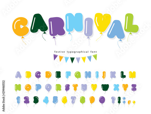Balloon bright comic font. Funny colorful ABC letters and numbers. Bold cartoon alphabet for birthday and holidays design. Vector
