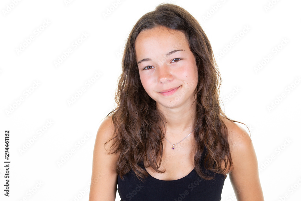portrait of young beautiful caucasian teen girl in black shirt smiling looking camera isolated on white background portrait of young beautiful caucasian teen girl in black shirt smiling looking camera isolated on white background