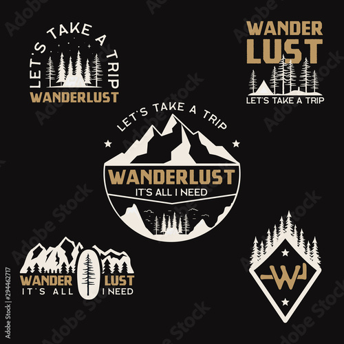 Vintage camp logos, mountain badges set. Hand drawn labels designs. Travel expedition, wanderlust and backpacking. Outdoor hiking emblems. Logotypes collection. Stock vector