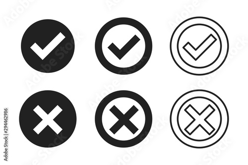 Black check cross isolated vector icon in modern style on white background. Tick icon. Black check mark icon. Test question.