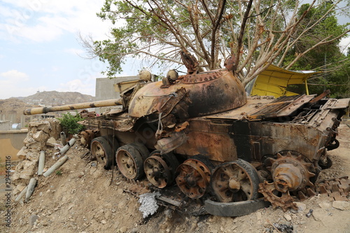 Al-Houthi militia tank after being bombed by Arab Alliance aircraft in Taiz City, Yemen.