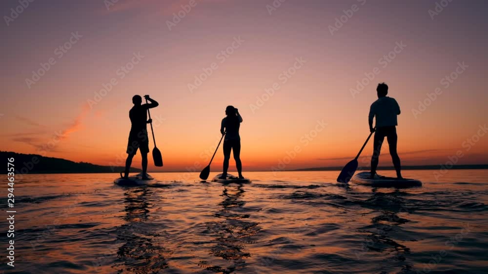 Sports people paddleboarding on sunset background.
