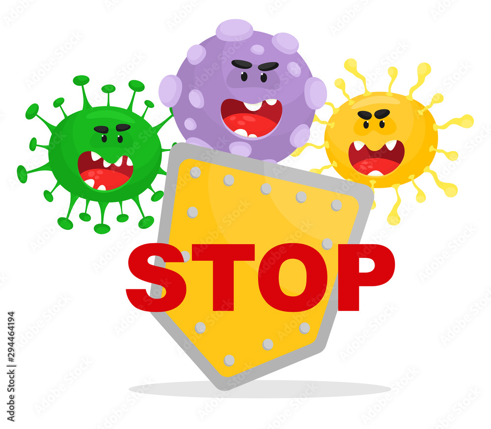 Say STOP to viruses, bacteria, infections, fungi and infections. Antivirus shield. Vector illustration in cartoon flat style. Funny viruses and bacteria. Say STOP to viruses, bacteria, infections, fungi and infections. Antivirus shield. Vector illustration in cartoon flat style. Funny viruses and bacteria.
