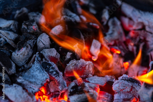 Embers in a bonfire, close-up view