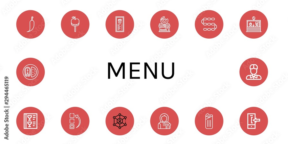 Set of menu icons such as Hot pepper, Caramelized apple, Menu, Donut shop, Sausage, Coffee shop, Link, Lunchroom, Shawarma, Login, Fish, Waiter , menu Set of menu icons such as Hot pepper, Caramelized apple, Menu, Donut shop, Sausage, Coffee shop, Link, Lunchroom, Shawarma, Login, Fish, Waiter , menu