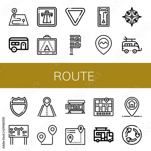 Set of route icons such as Route, Caravan, Highway, Gps, Yield, Bus stop, Navigator, Road sign, Road, Itinerary, Marker, Roundabout , route