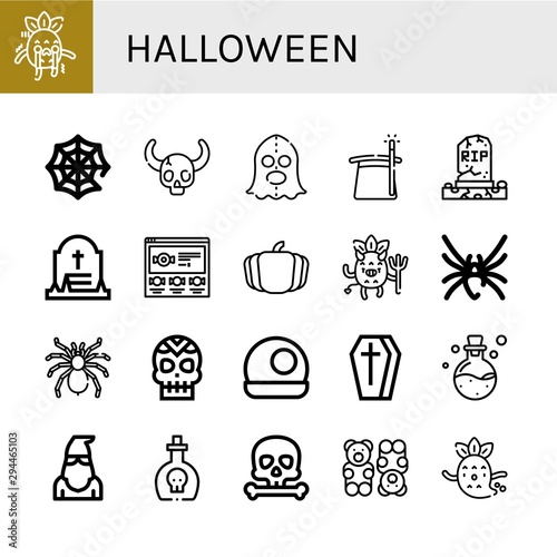 Set of halloween icons such as Scare, Spider web, Skull, Executioner, Magician, Grave, Candy, Pumpkin, Devil, Black widow, Tarantula, Crystal ball, Coffin, Poison , halloween