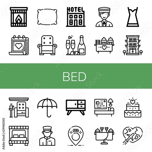 Set of bed icons such as Fireplace, Medical appointment, Pillow, Armchair, Hotel, Wedding, Bellboy, Nightgown, Bed, Sun umbrella, Doorman, Furniture, Honeymoon , bed