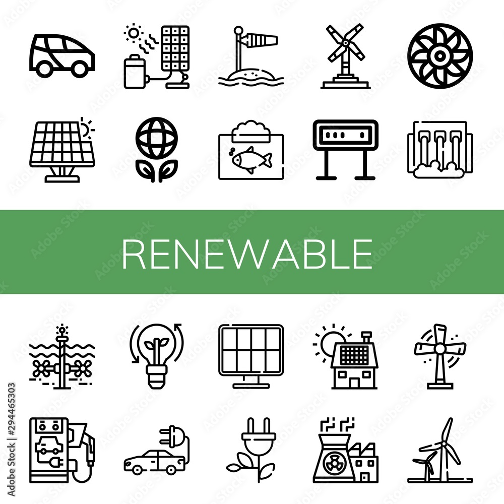 Set of renewable icons such as Electric car, Renewable energy, Solar