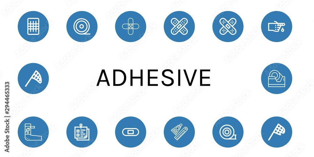 Set of adhesive icons such as Gauze, Medical tape, Band aid, Bandage, Sticky note, Plaster, Glue, Duct tape, Butterfly net, Tape , adhesive Set of adhesive icons such as Gauze, Medical tape, Band aid, Bandage, Sticky note, Plaster, Glue, Duct tape, Butterfly net, Tape , adhesive