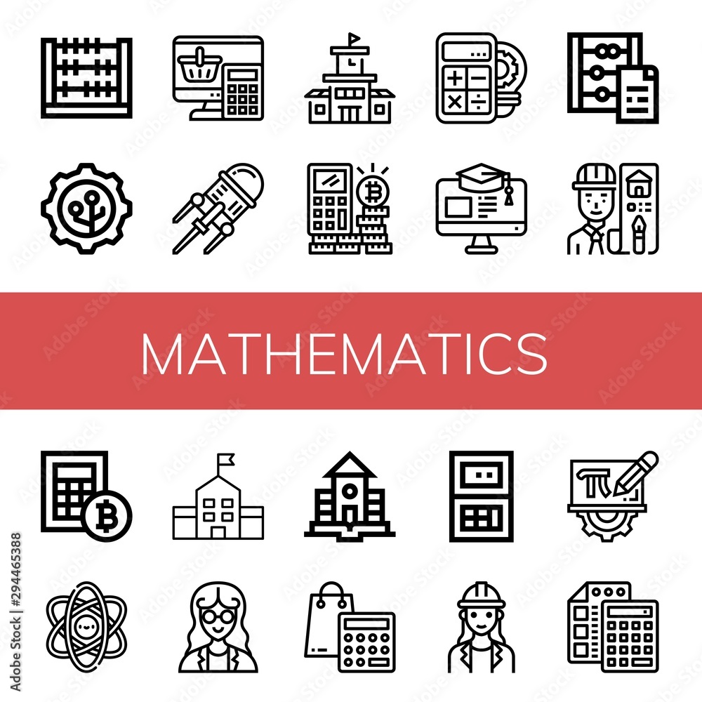 Set of mathematics icons such as Abacus, Nanotechnology, Calculator, School, Education, Architect, Physics, Mathematician, Mathematics , mathematics