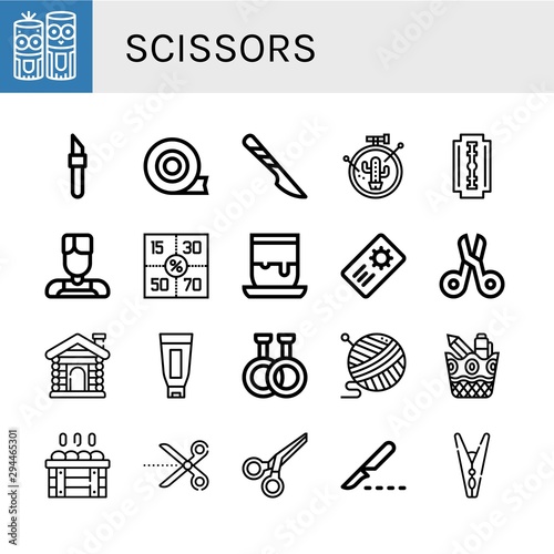 Set of scissors icons such as Model craft, Scalpel, Duct tape, Embroidery, Shaving razor, Barber, Coupons, Handicrafts, Coupon, Scissors, Sauna, Shaving cream, Rubber , scissors