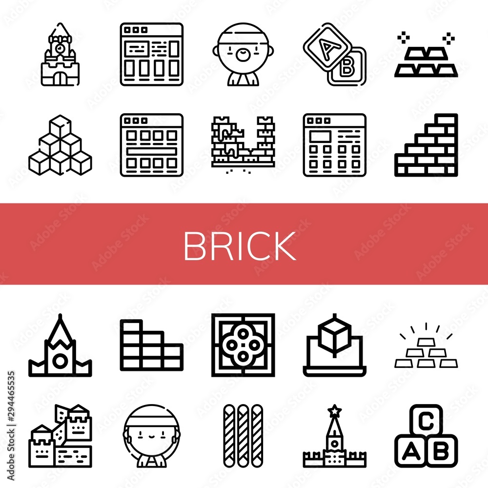 Set of brick icons such as Kremlin, Cubes, Tiles, Gangsta, Brick, Blocks, Gold, Wall, Great wall of china, Brick wall, Tile, Grissini, Cube, Abc block ,