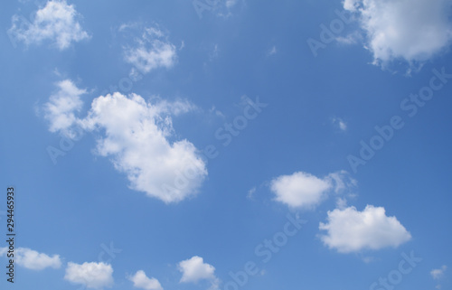 Bottom view of the blue sky and white clouds. Background, texture.