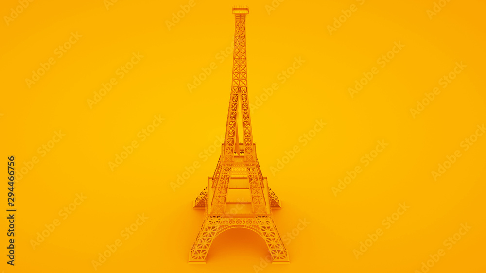 Yellow Eiffel tower isolated on yellow background. 3d Illustration