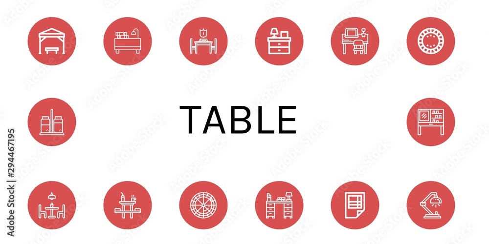 Set of table icons such as Pergola, Desk, Reservation, Bedside table, Plate, Dining table, Dinner Roulette, Spreadsheet, Desk lamp, Salt and pepper, Dressing , Set of table icons such as Pergola, Desk, Reservation, Bedside table, Plate, Dining table, Dinner Roulette, Spreadsheet, Desk lamp, Salt and pepper, Dressing ,