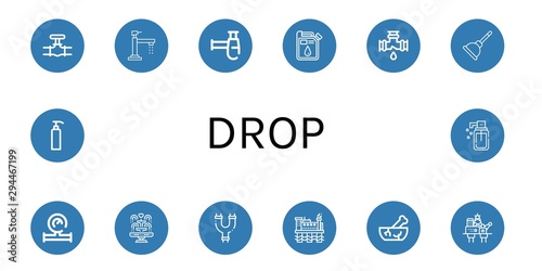 Set of drop icons such as Pipe, Faucet, Siphon, Oil, Leak, Plunger, Water meter, Fountain, Pipes, Oil rig, Mortar, Gel, Liquid soap , drop