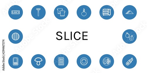 Set of slice icons such as Bread, Razor blade, Toast, Onion, Toaster, Sandwich, Meatloaf, Mushroom, Cucumber, Bagel, Steak, Cutter, Pie, Peach , slice