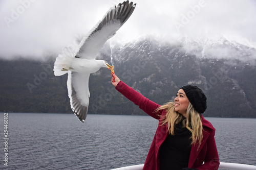 Woman touching bird at daytime