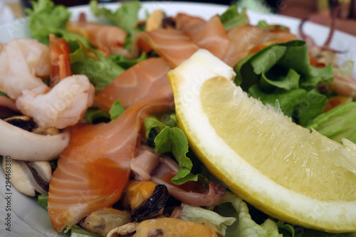 Seafood salad close-up.