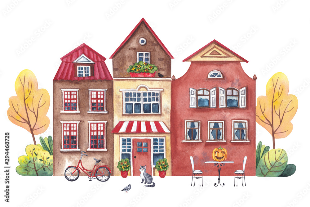 Watercolor illustration. Amsterdam houses in the fall.