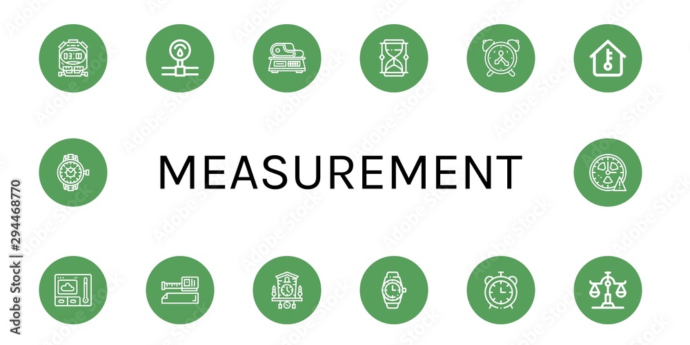 Set of measurement icons such as Stopwatch, Pressure, Scale, Hourglass, Alarm clock, Temperature, Thermometer, Measure tape, Cuckoo clock, Wristwatch, Watch, Clock , measurement