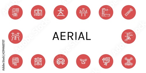Set of aerial icons such as Action camera, Gimbal, Trampoline, Drone, Zip line , aerial