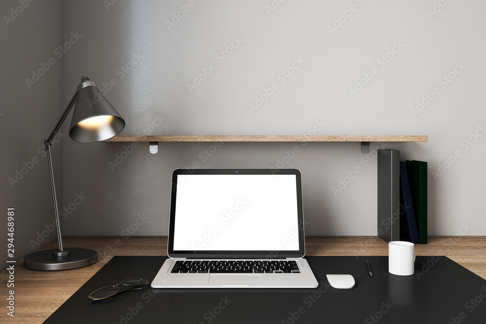 Fototapeta premium Light designer workplace with empty laptop