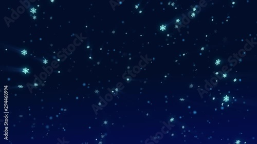 Animation of a Blue snowy background with shiny shining snowflakes. Loop motion