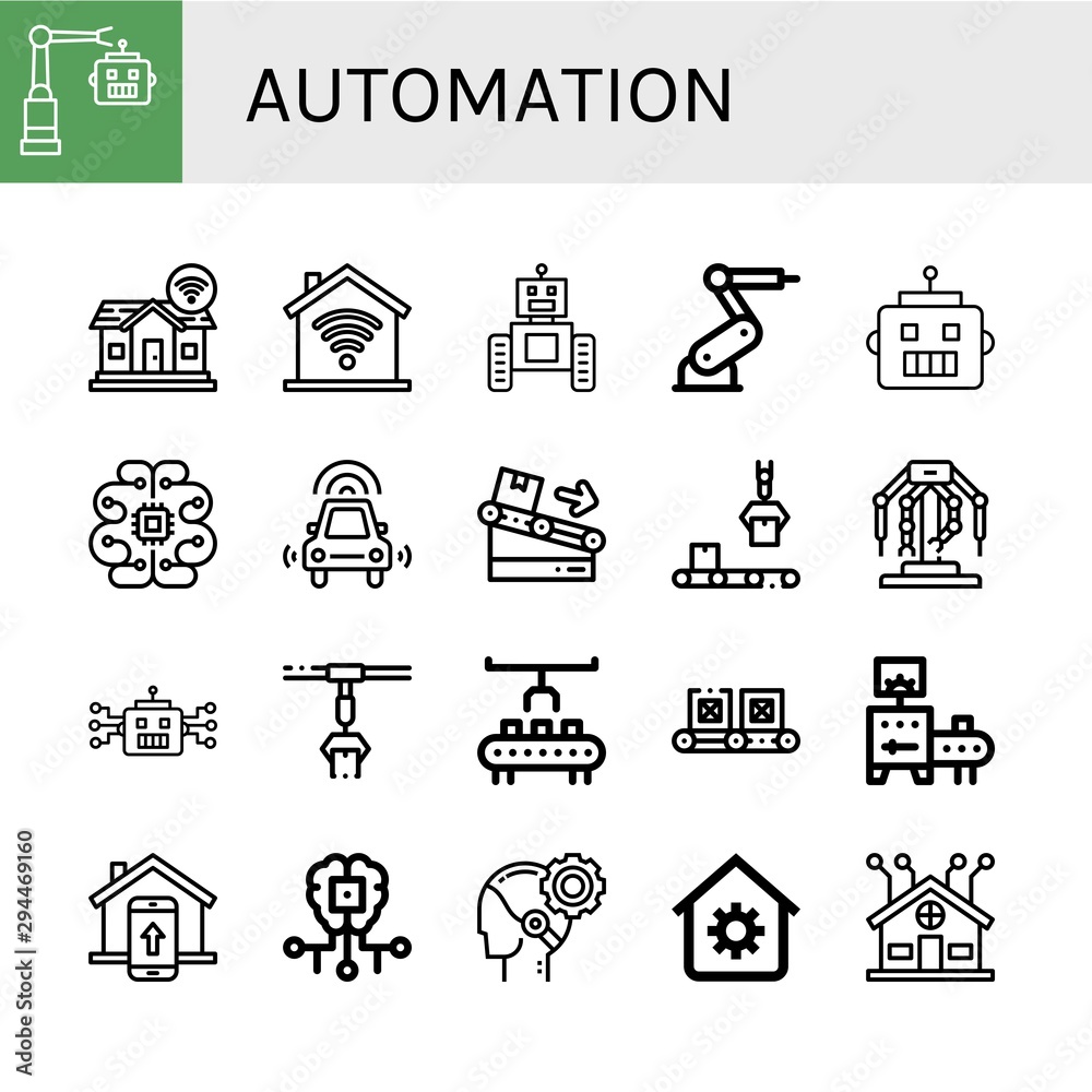 Set of automation icons such as Robot, Smart home, Domotics, Industrial robot, Artificial intelligence, Autonomous car, Conveyor, Robotics, Robot arm, AI, House automation , automation