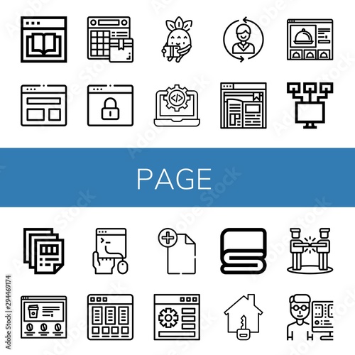 Set of page icons such as Ebook, Browser, Calendar, Reading, Code, Contact us, Website, Local network, Printing, Coding, Price list, File, Cover, House, Agreement, Editor , page