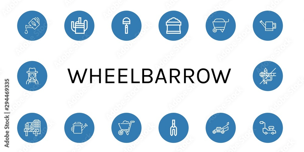 Set of wheelbarrow icons such as Watering can, Hoe, Potting soil, Wheelbarrow, Construction site, Weeder, Lawn mower, Gardener, Construction , wheelbarrow