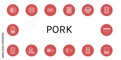 Set of pork icons such as Meat, Ribs, Shish kebab, Bacon, Lamb, Sausage, Butcher, Ham, Meatball, Meatloaf, Minced meat , pork