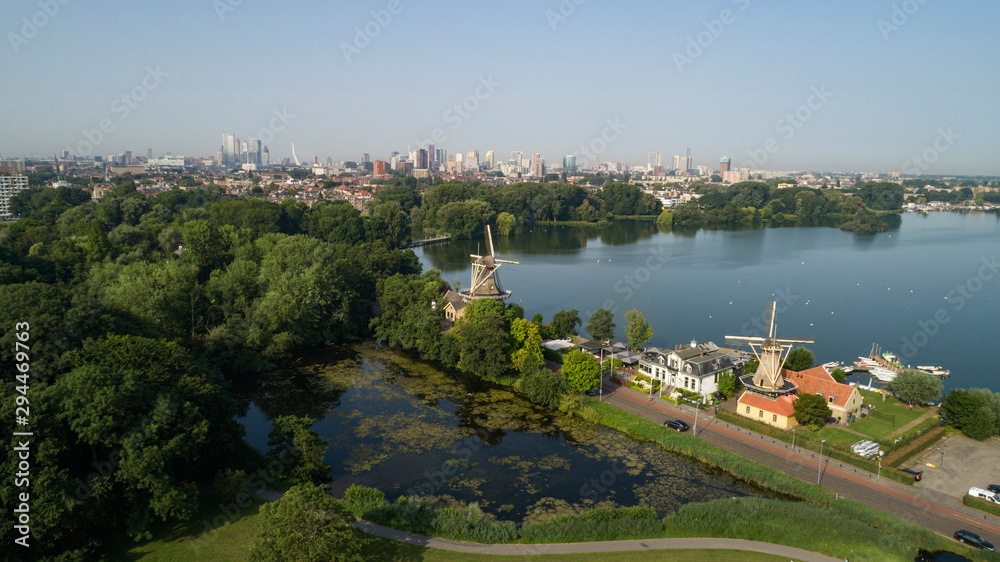 View on the skyline of Rotterdam as seen from the Kralingse Bos