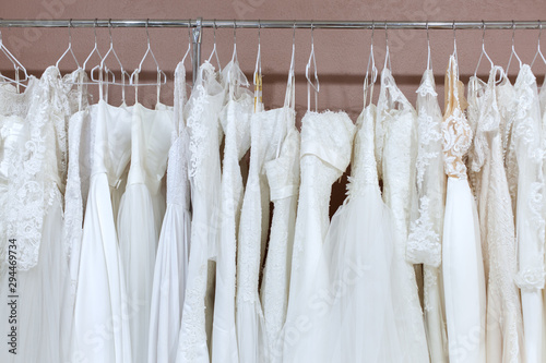 In the bridal salon are many beautiful wedding dresses.