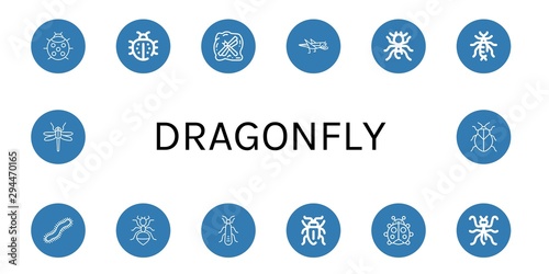Set of dragonfly icons such as Ladybug, Insect, Grasshopper, Pheidole, Earwig, Centipede, Ant, Stonefly, Sap beetle, Mantis, Dragonfly, Stink bug , dragonfly