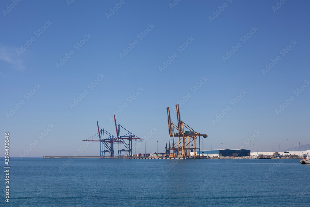 Rotterdam, Holland. Aerial view of container terminal in the harbor MAASVLAKTE, Netherlands. A large containership is unloading