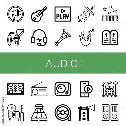 Set of audio icons such as Megaphone, Dubbing, Double bass, Headphones, Play, Trumpet, Cello, Saxophone, Drum, Commandments, Disc jockey, Earphone, Radio, Slider, Turntable , audio