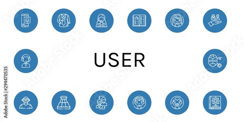 Set of user icons such as Notification, Uniform, Customer service agent, Menu, Woman, Team, Virtual reality, Slider, User, Man, Manual book, Turing , user