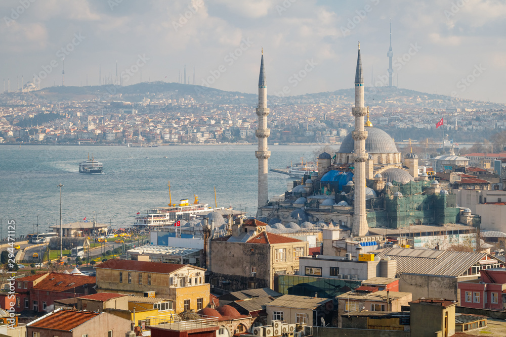 Beautiful aerial view on New Mosque and city of Istanbul, Turkey