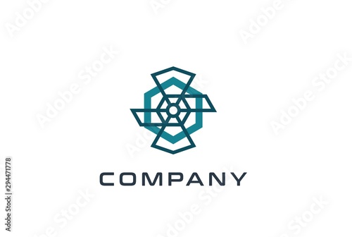 Abstract geometric hexagon technology logo design vector template with network connection line