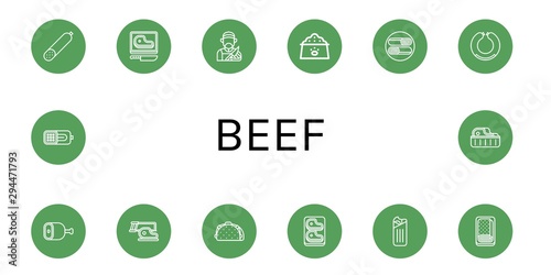 Set of beef icons such as Smoked sausage, Steak, Butcher, Dog food, Shawarma, Sausage, Ham, Taco, Meatloaf , beef