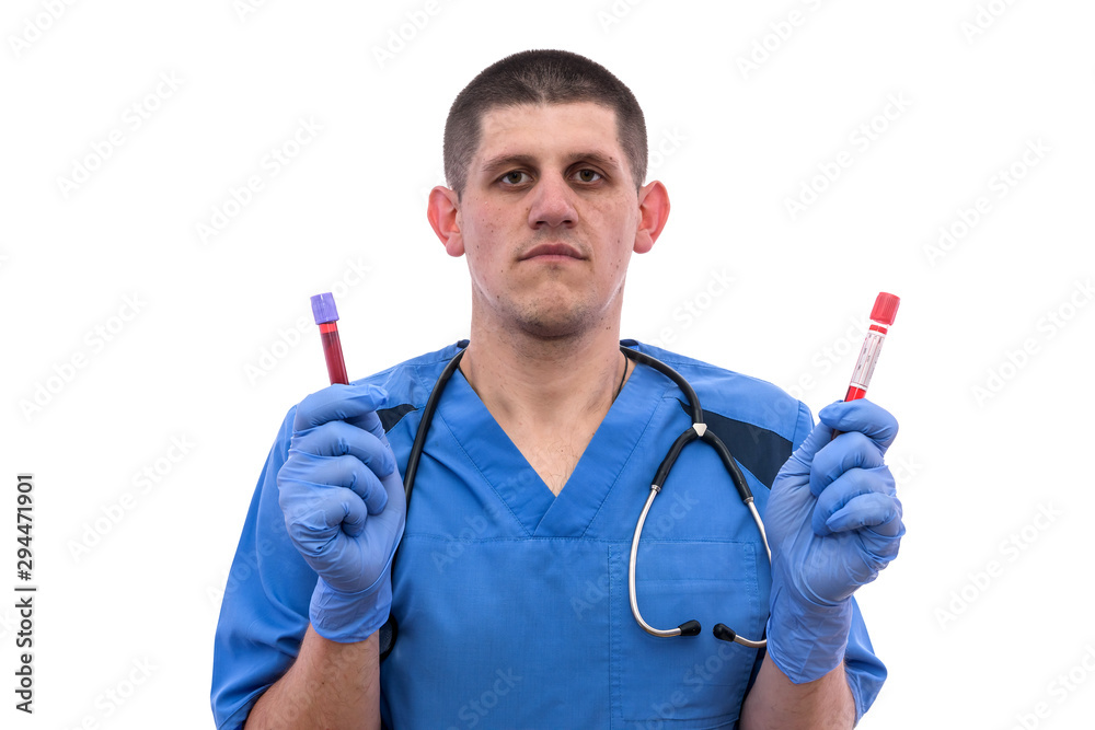Laboratory technician holding test tube with blood sample isolated on white background. Laboratory technician holding test tube with blood sample isolated on white background.