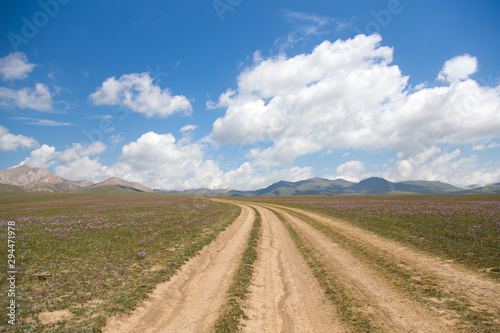 Road to Song kol lake - landscape of high plateau in Kyrgyzstan