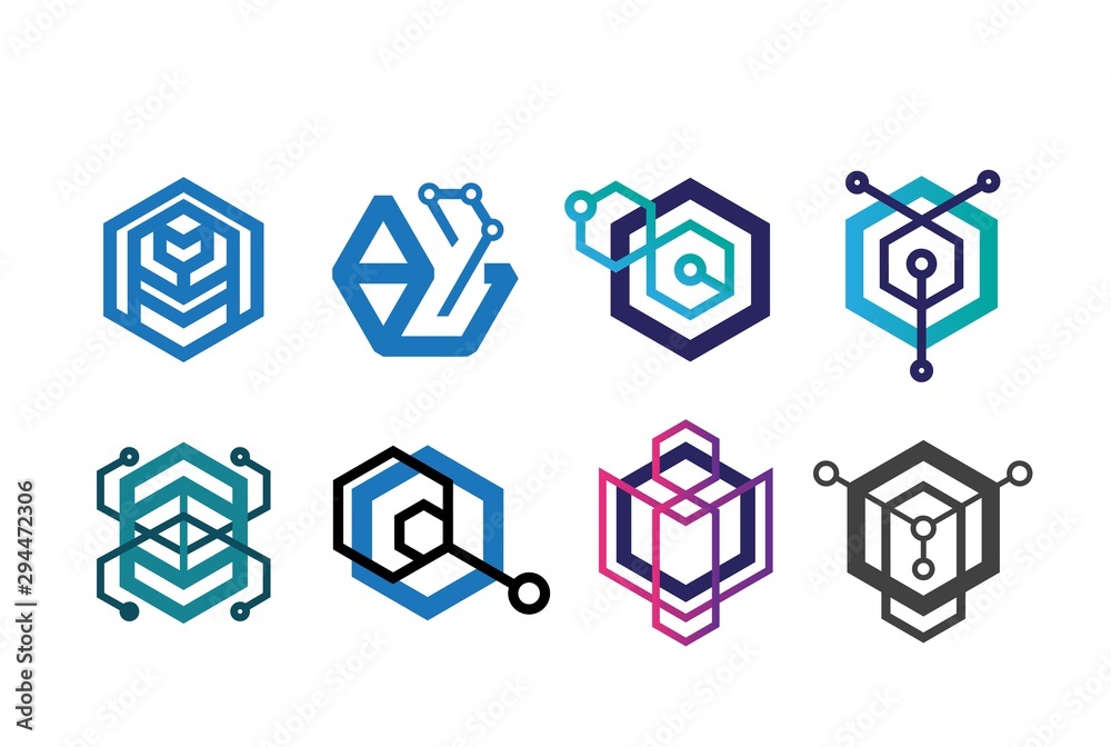 Abstract geometric hexagon technology logo design vector template collection set Abstract geometric hexagon technology logo design vector template collection set